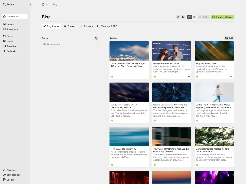 Backend screenshot of 1io.com