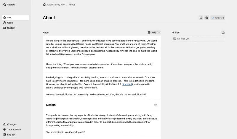 Backend screenshot of access.kiwi