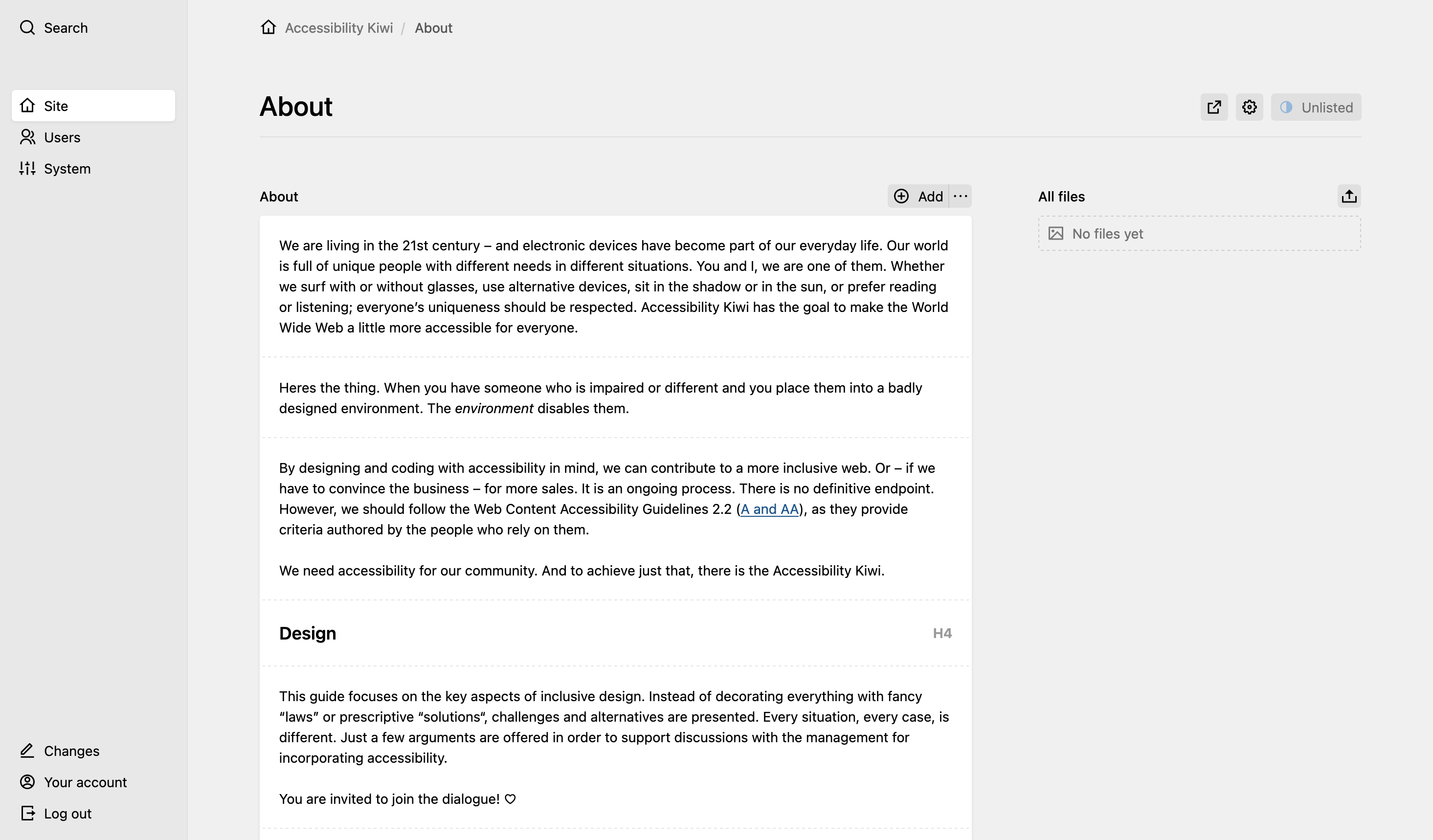 Backend screenshot of access.kiwi