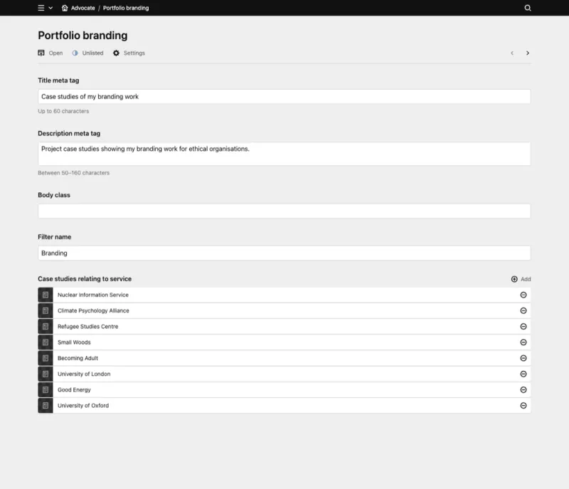 Backend screenshot of advocatedesign.co.uk