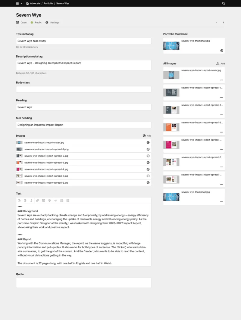 Backend screenshot of advocatedesign.co.uk