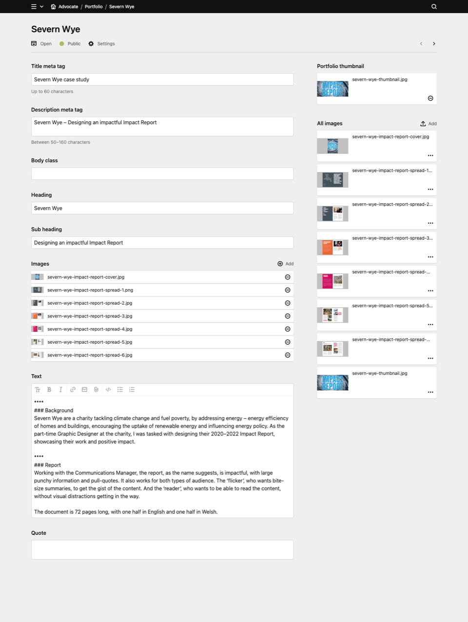 Backend screenshot of advocatedesign.co.uk