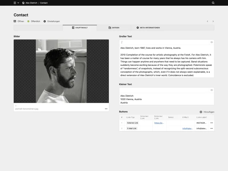 Backend screenshot of alexdietrich.at
