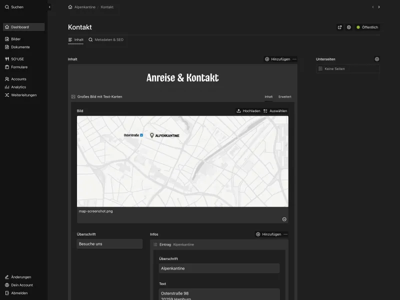 Backend screenshot of alpenkantine.de
