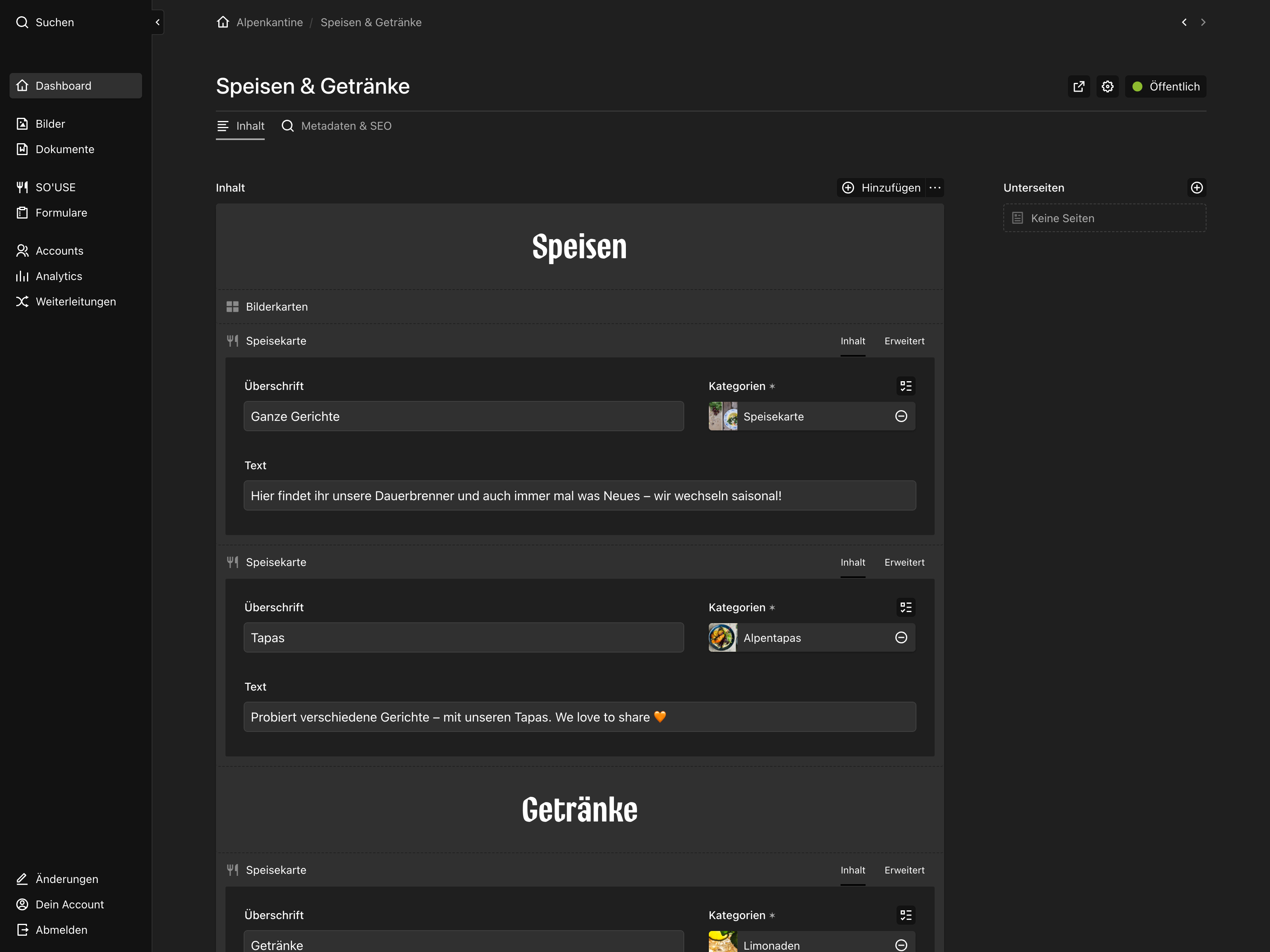Backend screenshot of alpenkantine.de