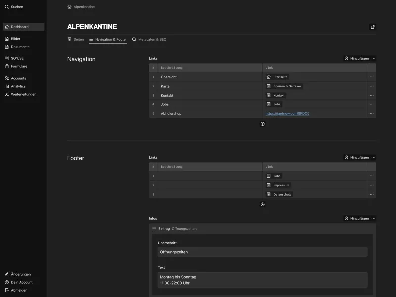 Backend screenshot of alpenkantine.de