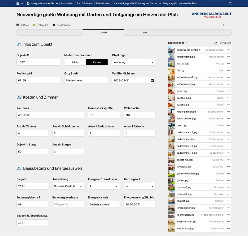 Backend screenshot of marquardt-immobilie.de