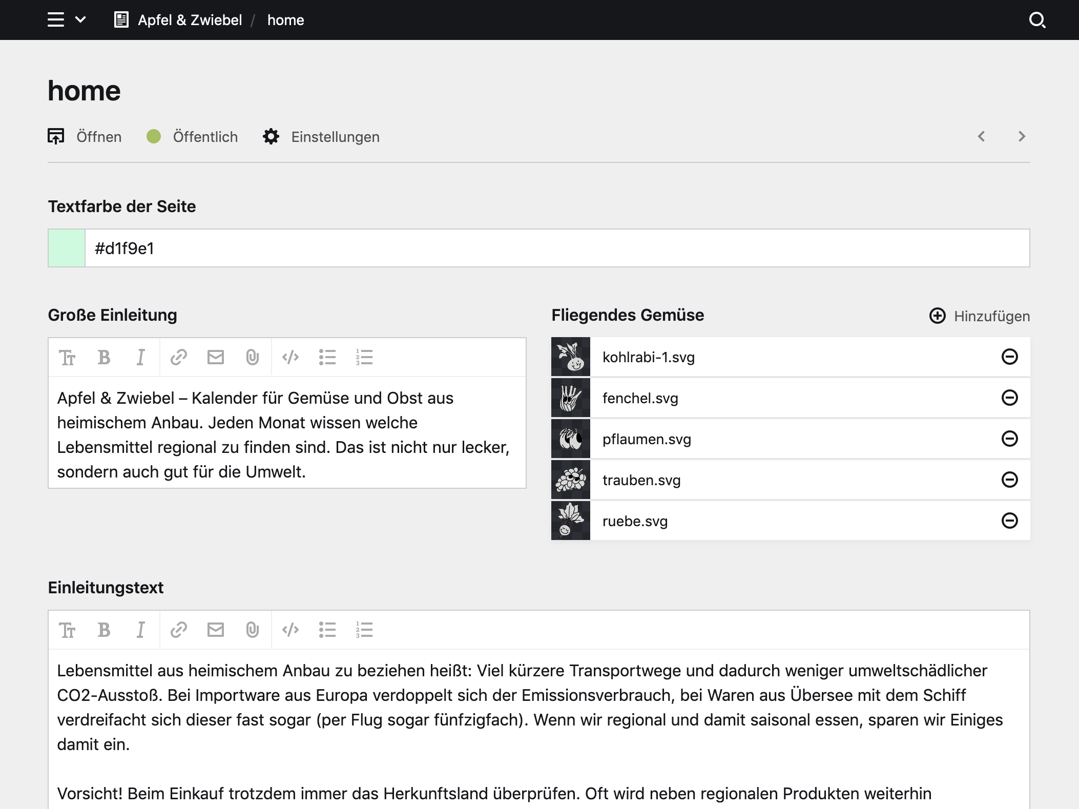 Backend screenshot of apfel-zwiebel.de