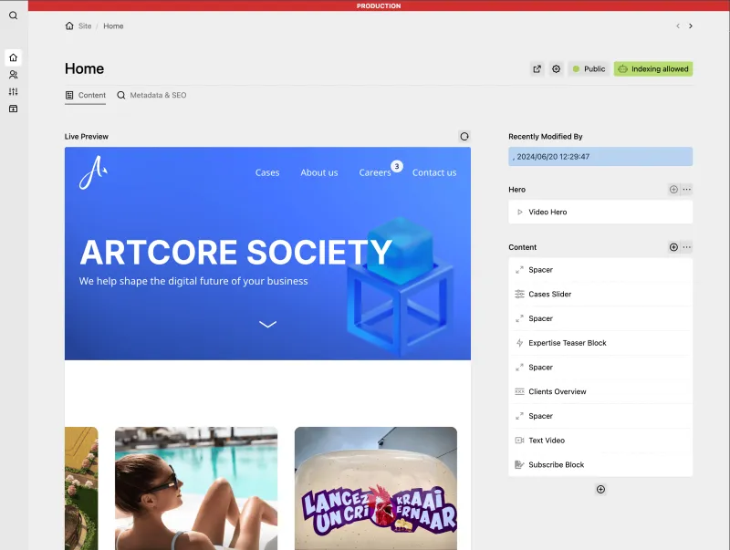 Backend screenshot of artcoresociety.com