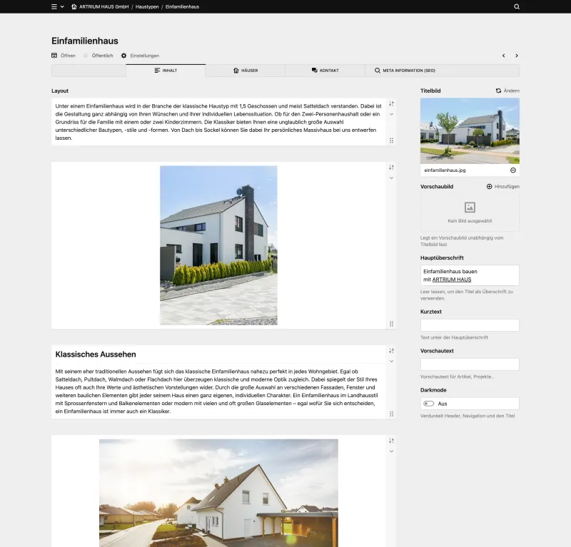 Backend screenshot of artrium-haus.de