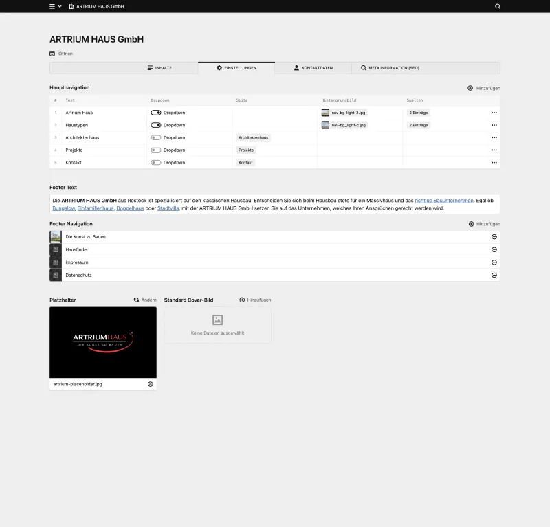 Backend screenshot of artrium-haus.de