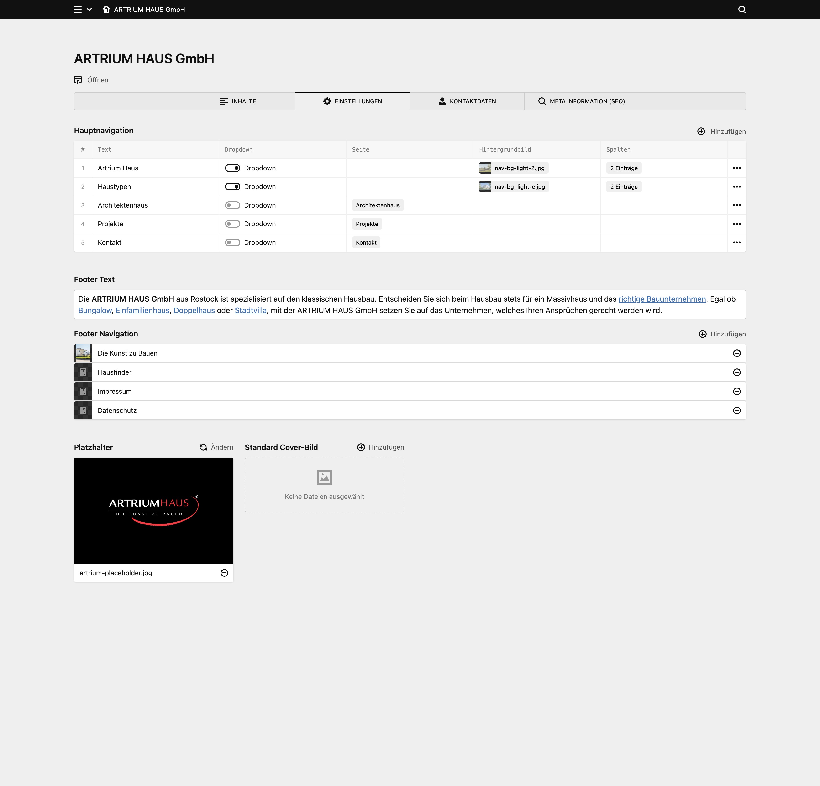 Backend screenshot of artrium-haus.de