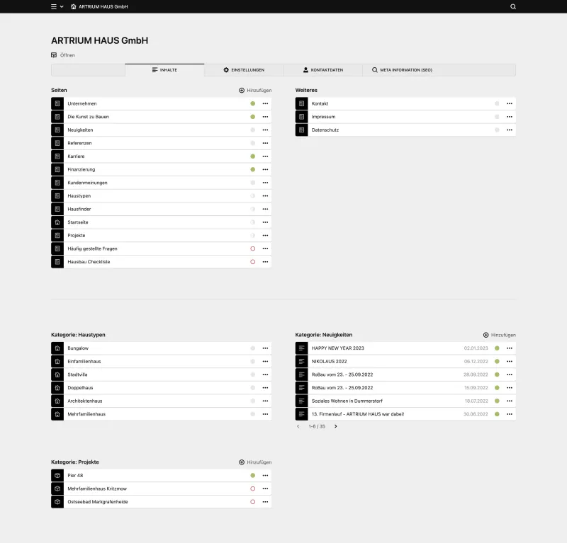Backend screenshot of artrium-haus.de