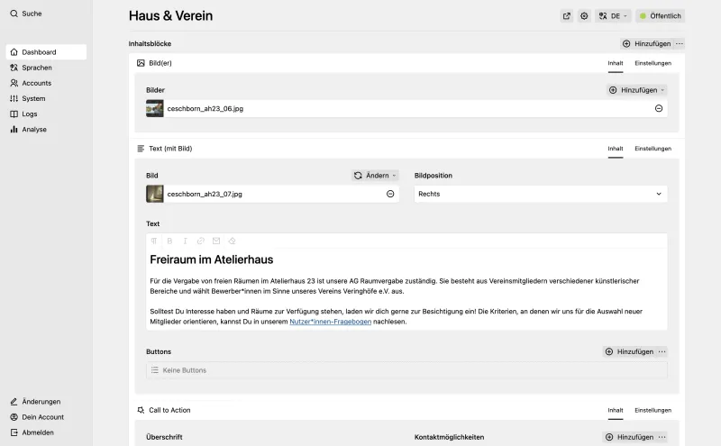 Backend screenshot of atelierhaus23.de