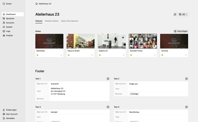 Backend screenshot of atelierhaus23.de