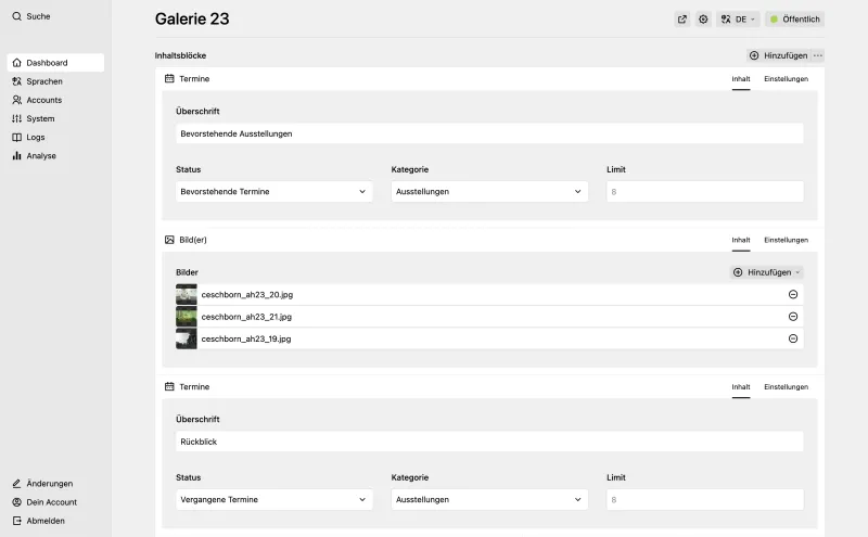Backend screenshot of atelierhaus23.de