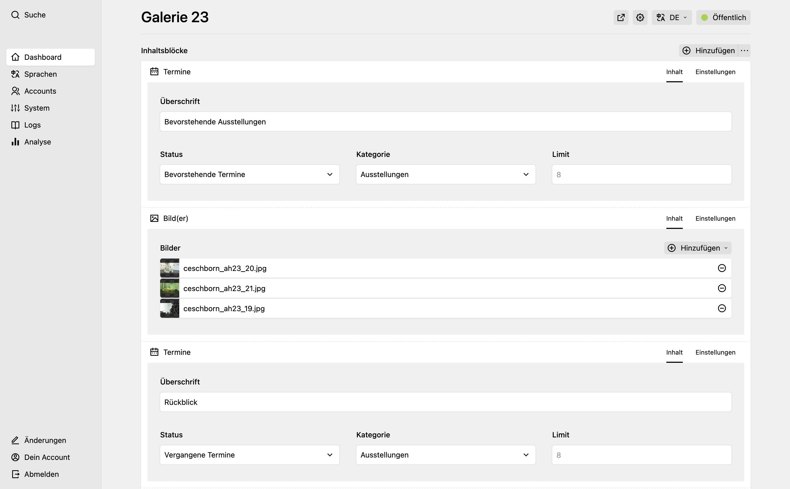 Backend screenshot of atelierhaus23.de