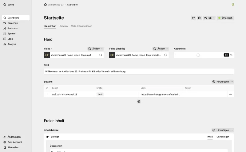 Backend screenshot of atelierhaus23.de