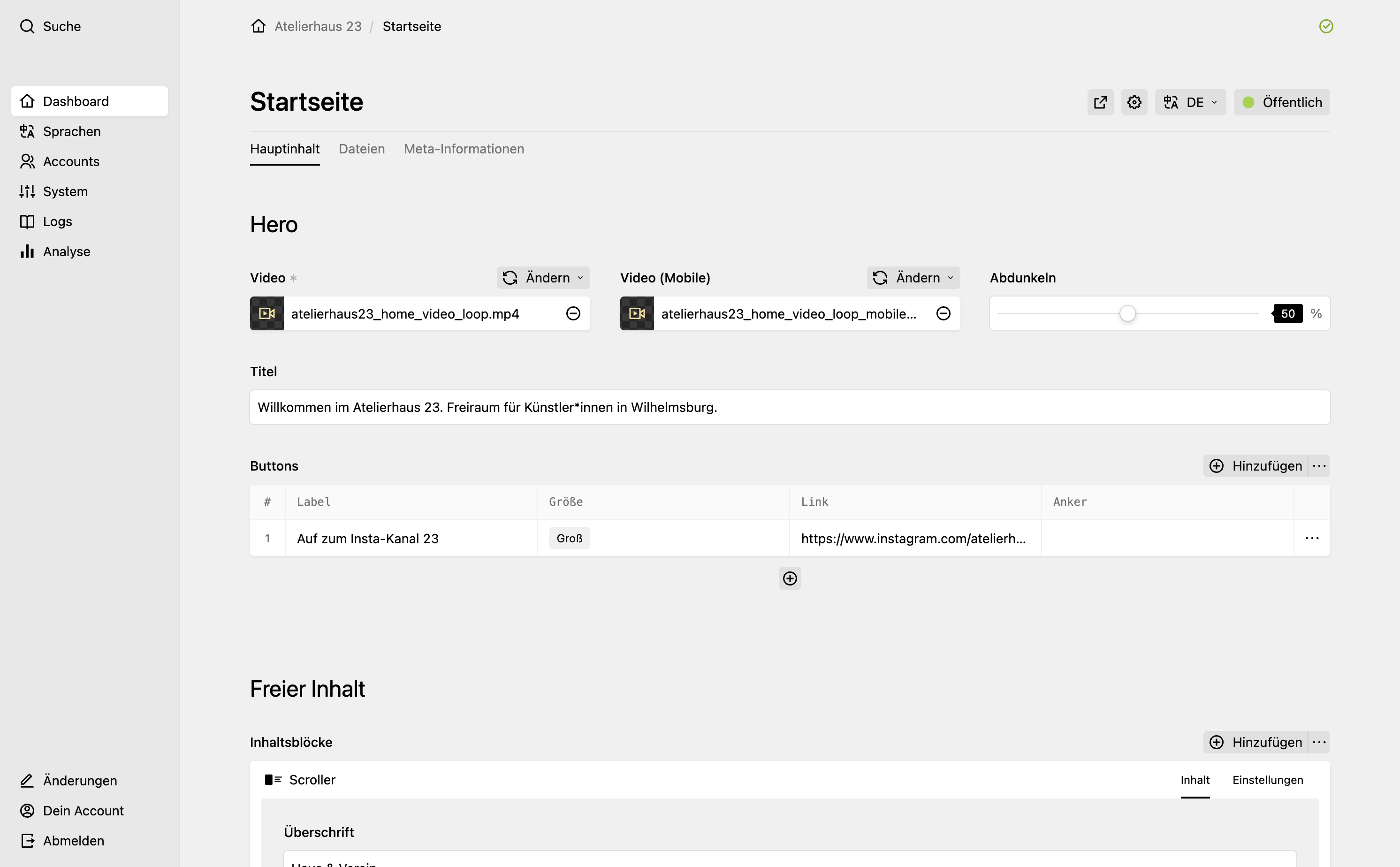 Backend screenshot of atelierhaus23.de