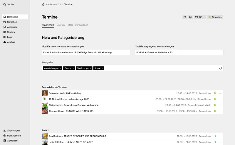 Backend screenshot of atelierhaus23.de