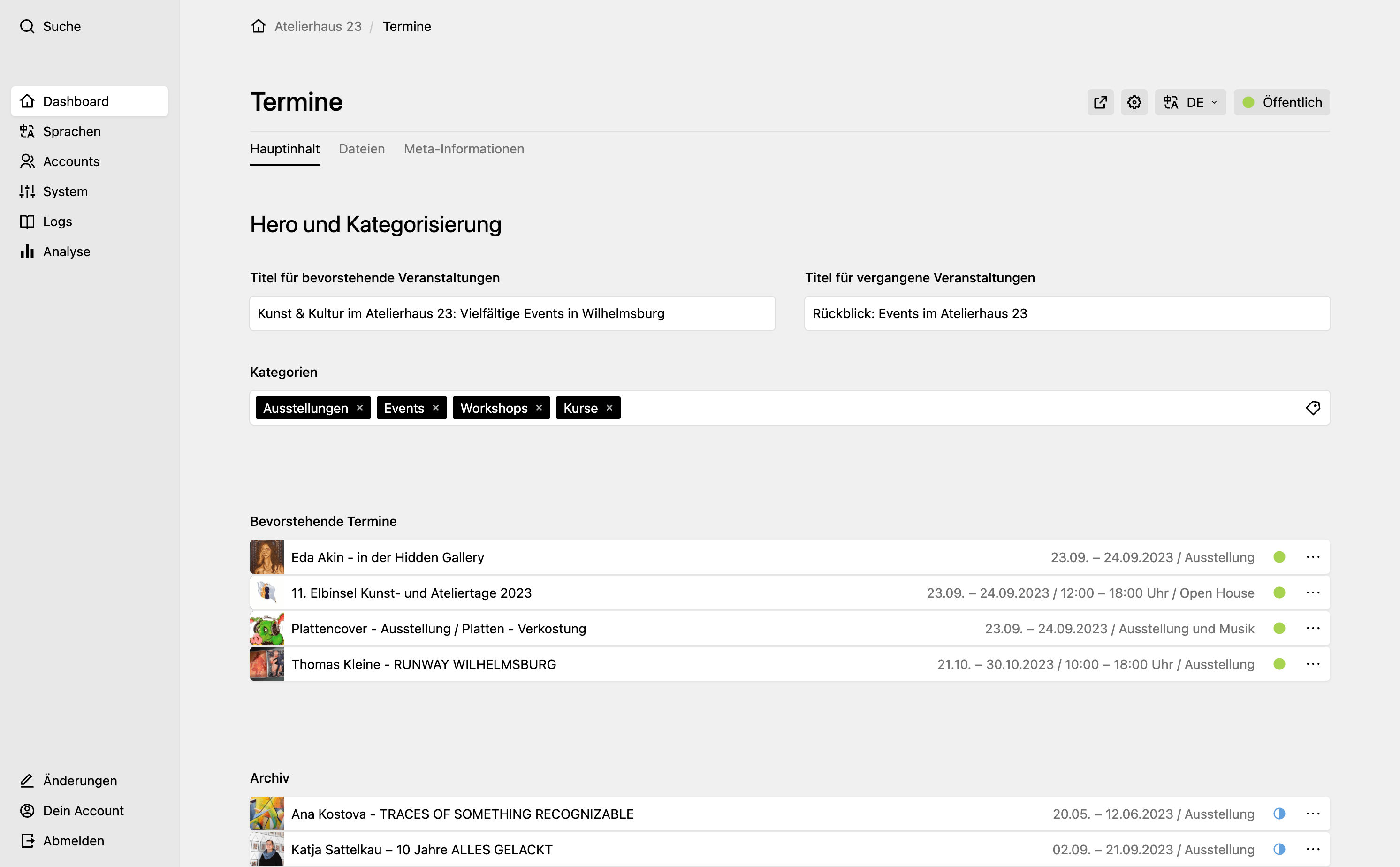 Backend screenshot of atelierhaus23.de