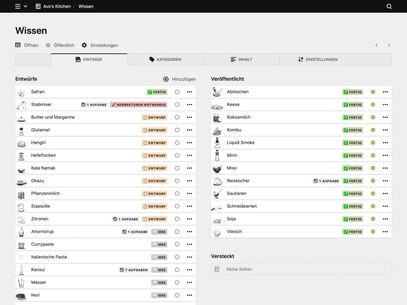 Backend screenshot of avos.kitchen