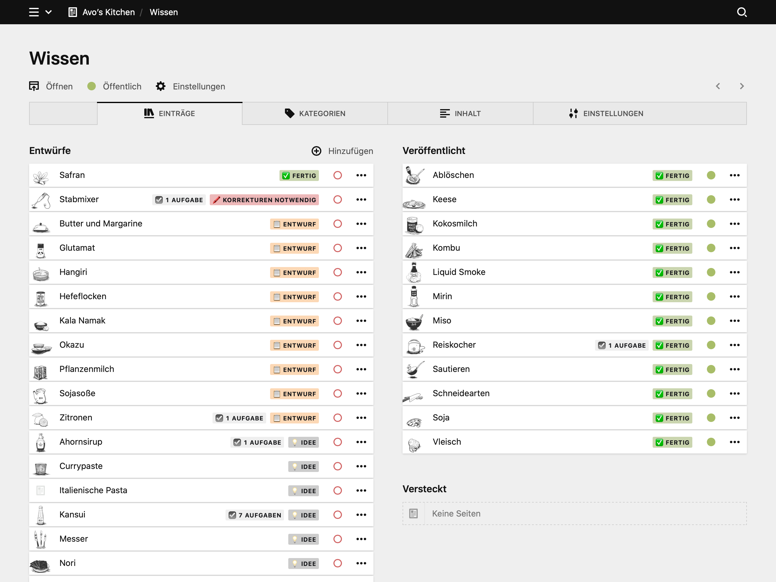 Backend screenshot of avos.kitchen