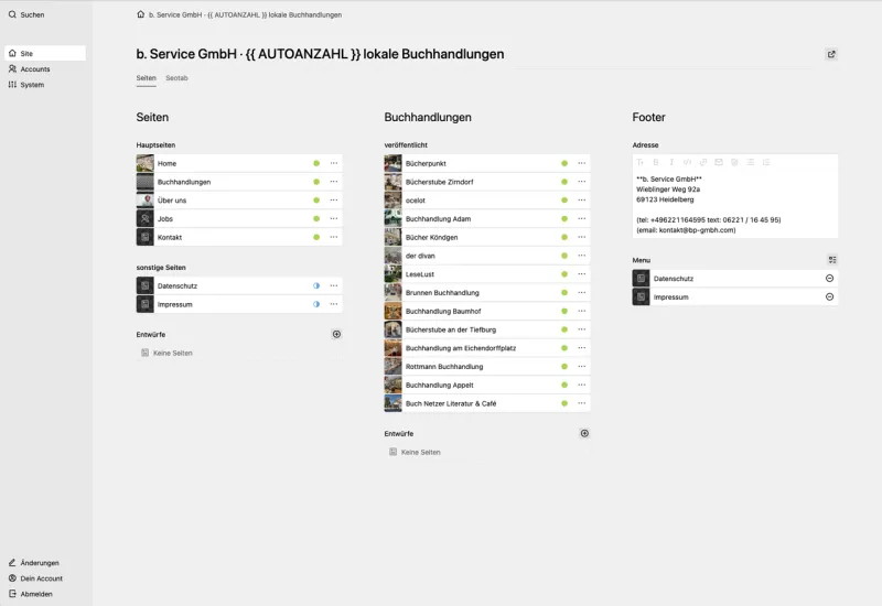 Backend screenshot of bservice.gmbh