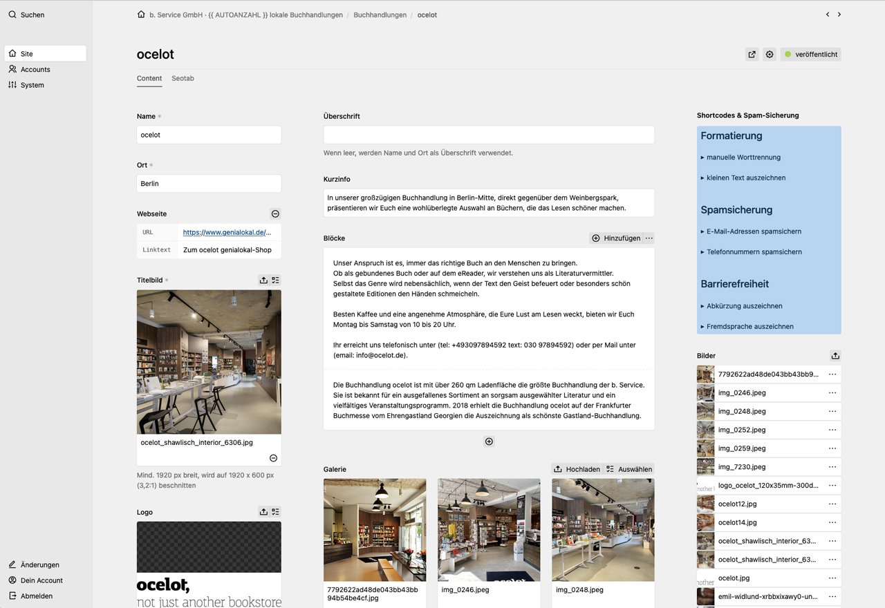 Backend screenshot of bservice.gmbh
