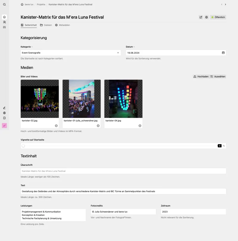 Backend screenshot of bene-lux.com