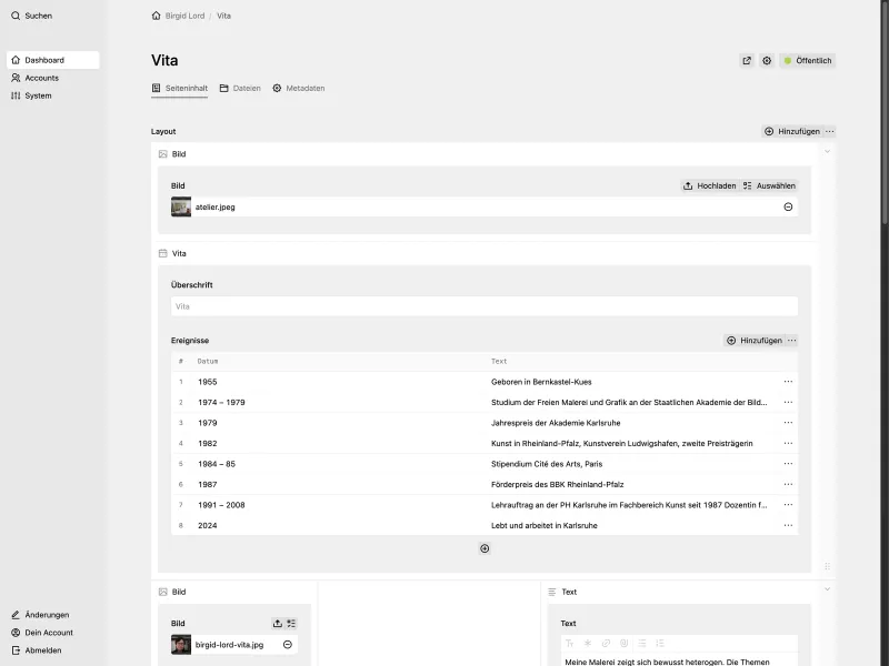 Backend screenshot of birgidlord.de
