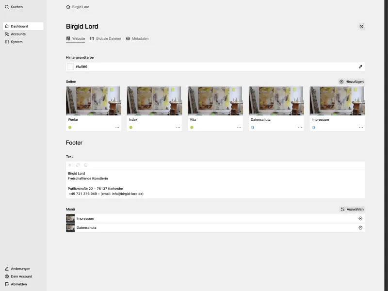 Backend screenshot of birgidlord.de
