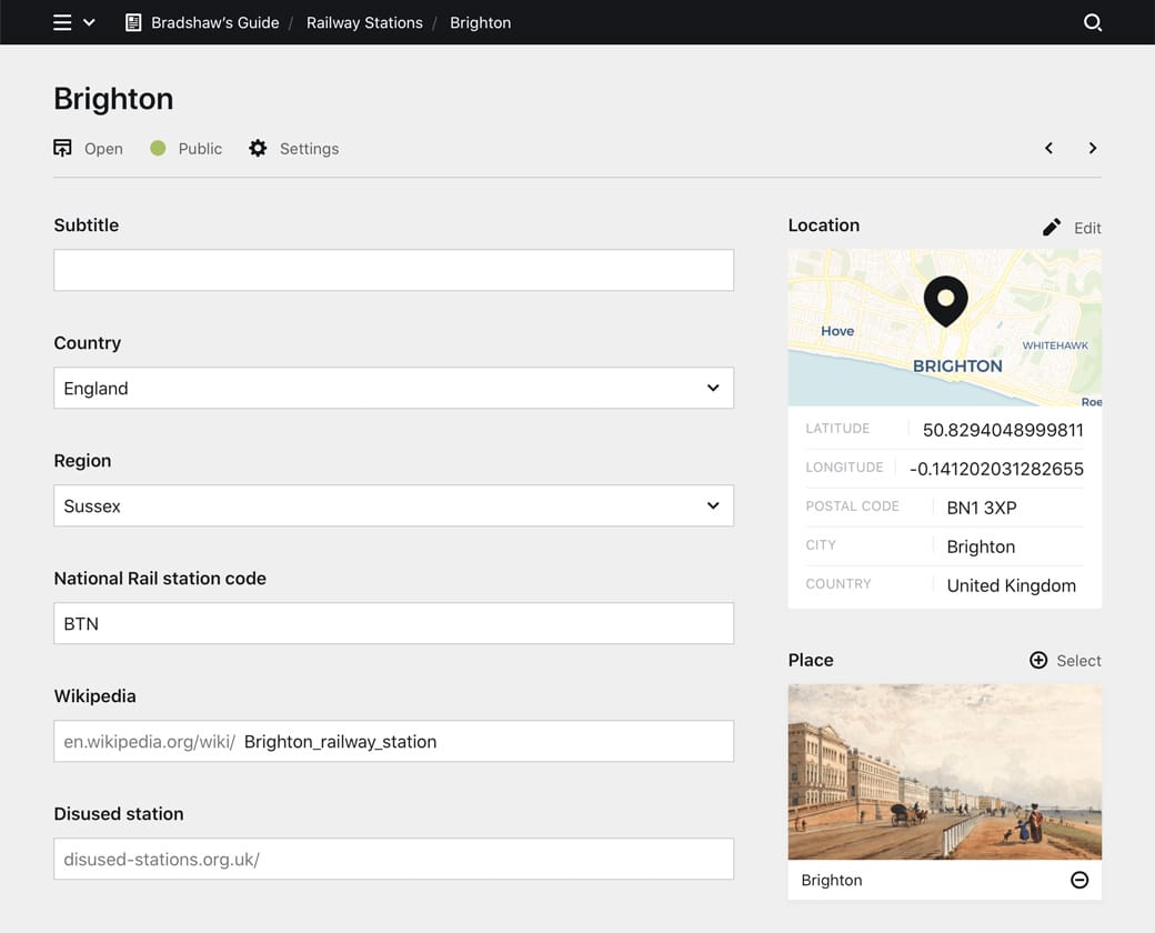 Backend screenshot of bradshaws.guide