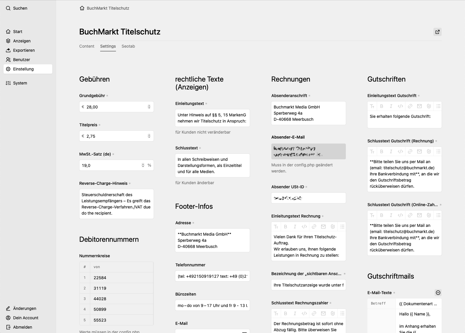 Backend screenshot of titelschutz.buchmarkt.de