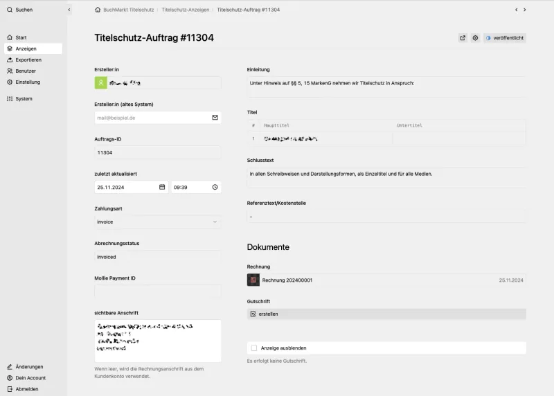 Backend screenshot of titelschutz.buchmarkt.de