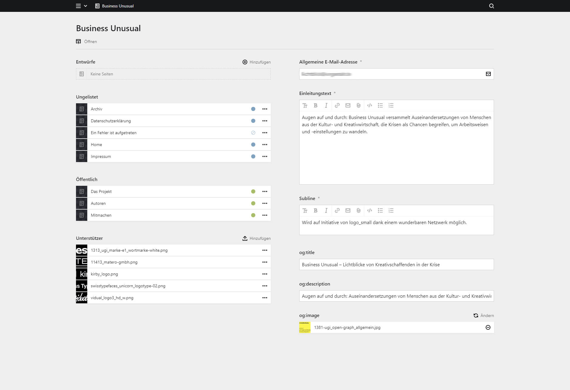 Backend screenshot of business-unusual.de