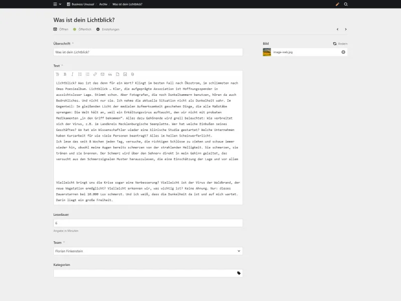 Backend screenshot of business-unusual.de