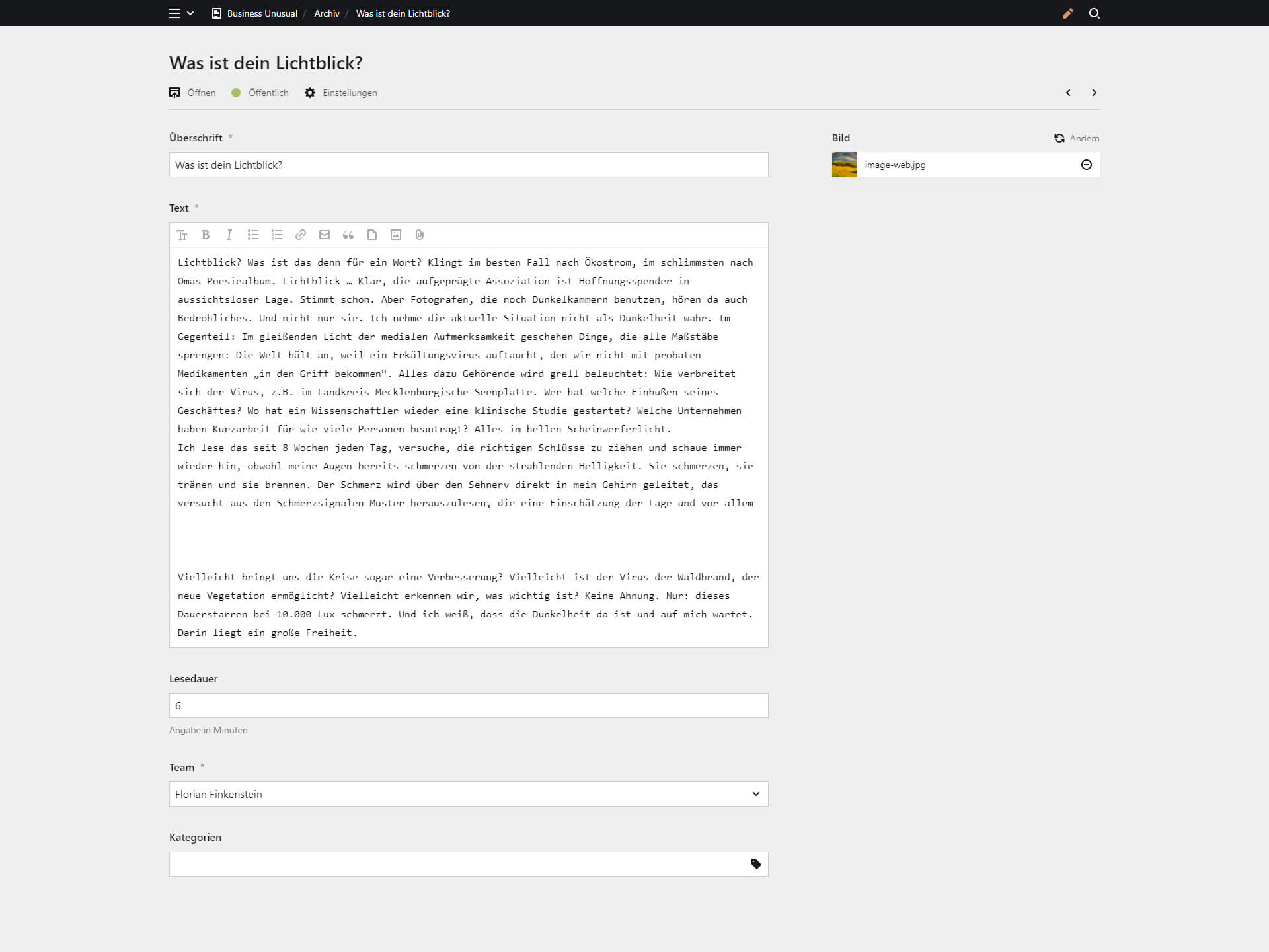 Backend screenshot of business-unusual.de