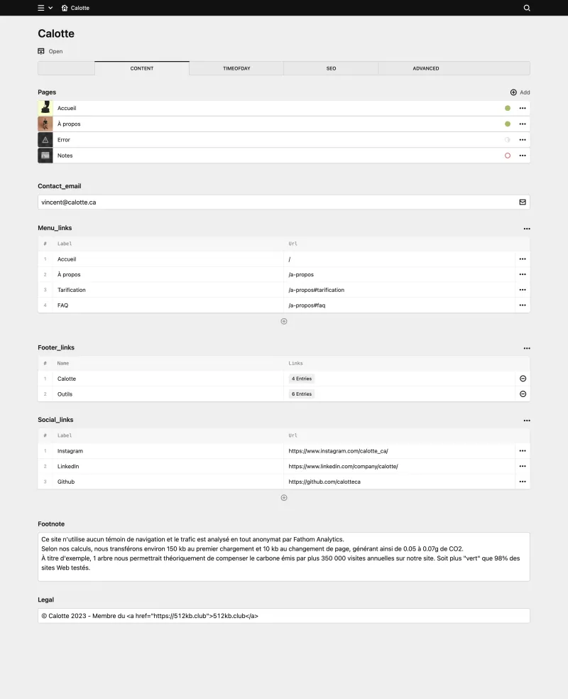 Backend screenshot of calotte.ca