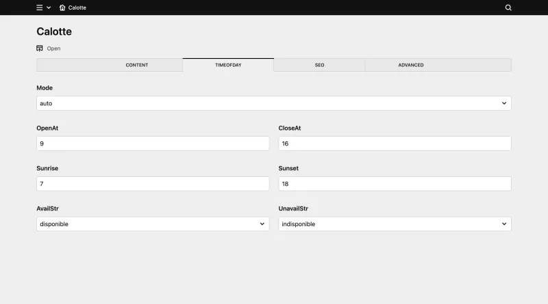 Backend screenshot of calotte.ca