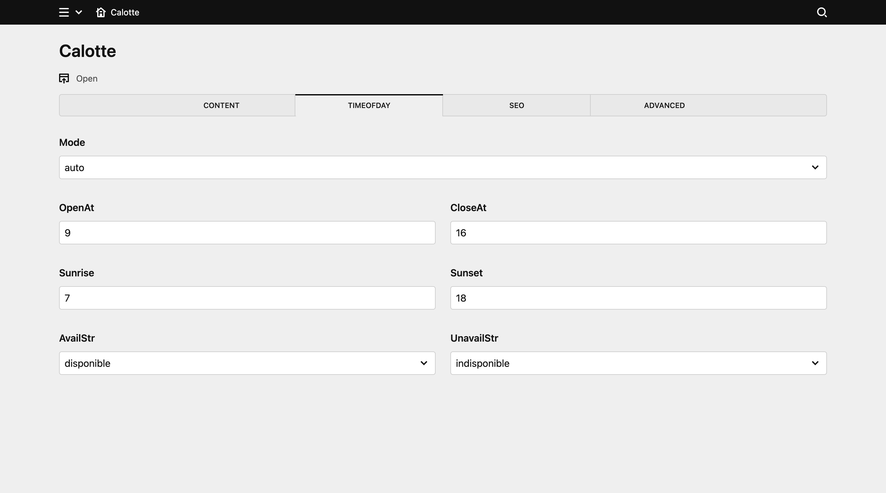 Backend screenshot of calotte.ca