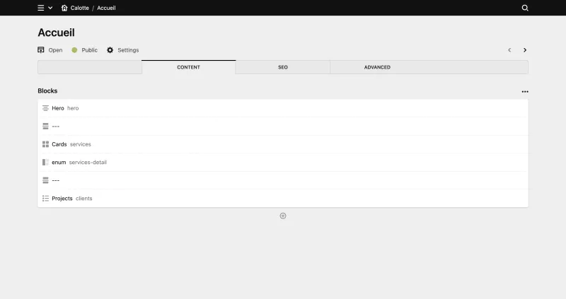 Backend screenshot of calotte.ca