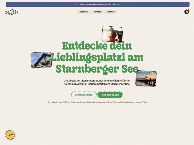 A modern website with a big headline saying "Entdecke dein Lieblingsplatzl am Starnberger See" (Discover your favorite spot at Lake Starnberg), two call to action buttons, and a navigation bar with a fish shaped logo.