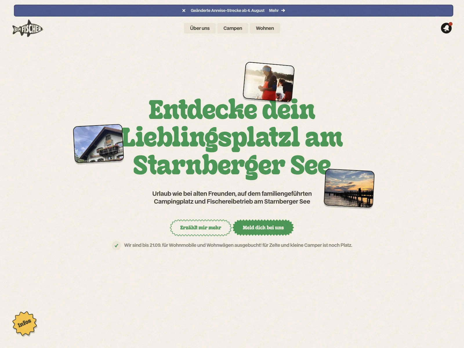 A modern website with a big headline saying "Entdecke dein Lieblingsplatzl am Starnberger See" (Discover your favorite spot at Lake Starnberg), two call to action buttons, and a navigation bar with a fish shaped logo.