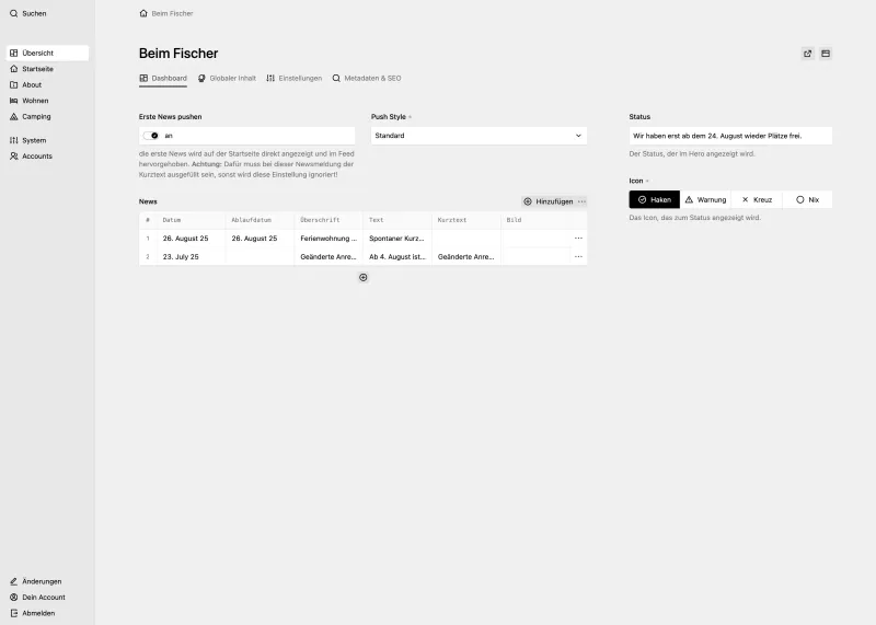 Screenshot of the Beim Fischer Kirby dashboard with different fields for the news and status.