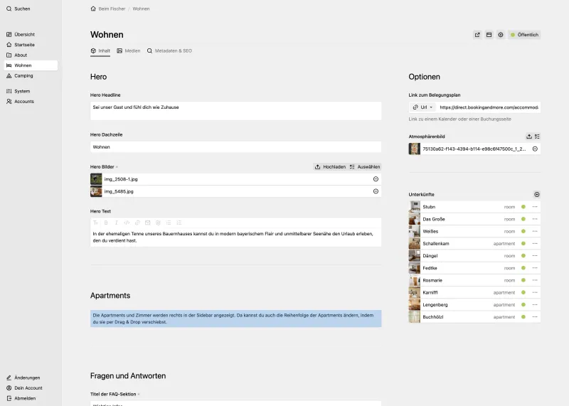Screenshot of the "Wohnen" page in the Panel with a hero section with multiple fields, an apartments section with an info field, a Fragen und Antworten section and a sidebar with options and subpages.
