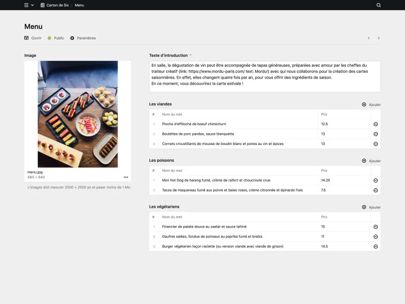 Backend screenshot of cartondesix.fr