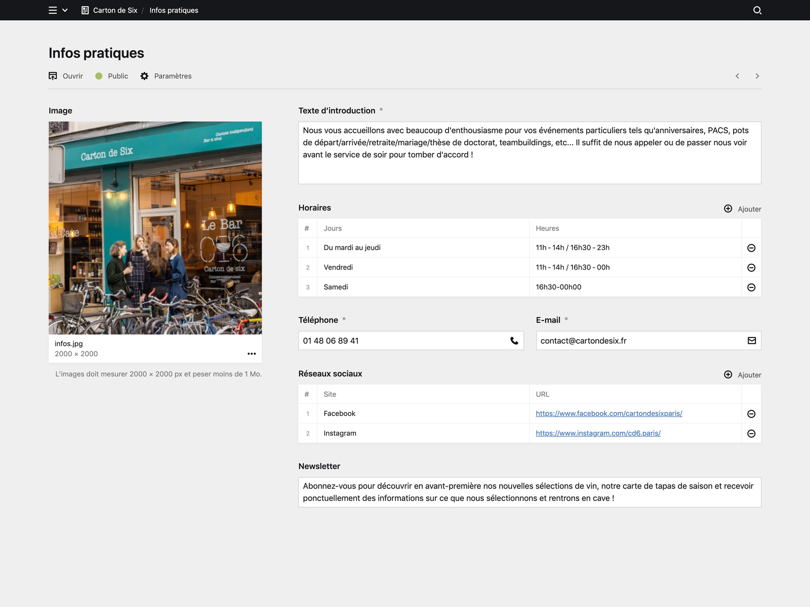 Backend screenshot of cartondesix.fr
