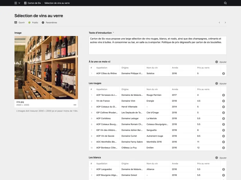 Backend screenshot of cartondesix.fr