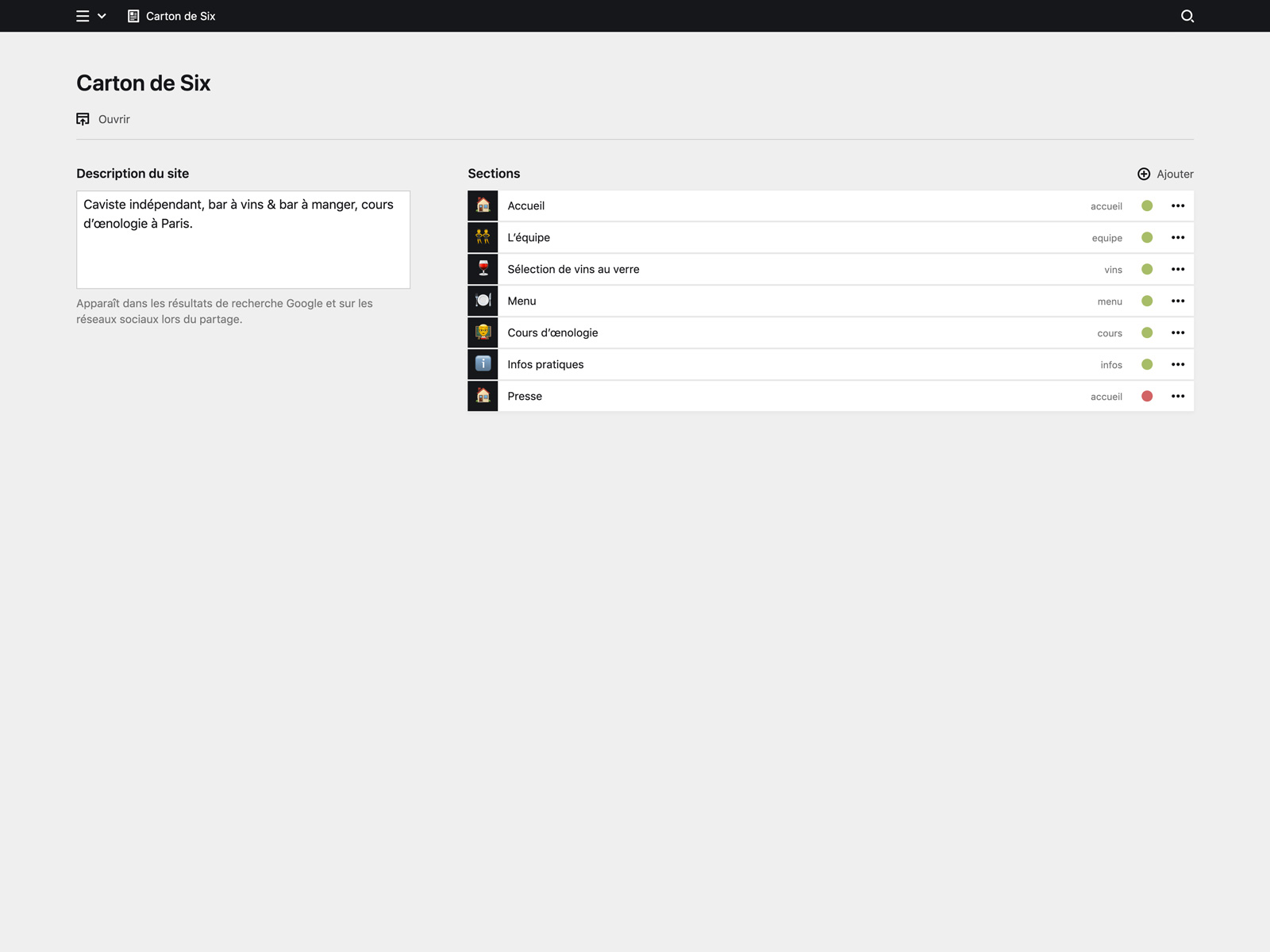 Backend screenshot of cartondesix.fr